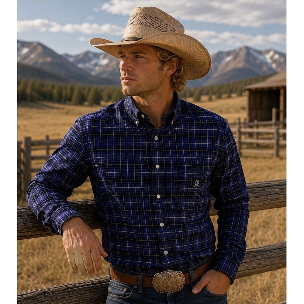 CINCH‎ Men's L Purple Plaid Long Sleeve Collared Shirt Button Down RN17901